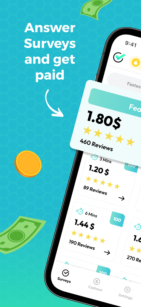 NiceSurveys: Earn Smarter - NiceSurveys app interface showing paid survey opportunities with cash rewards and estimated completion times
