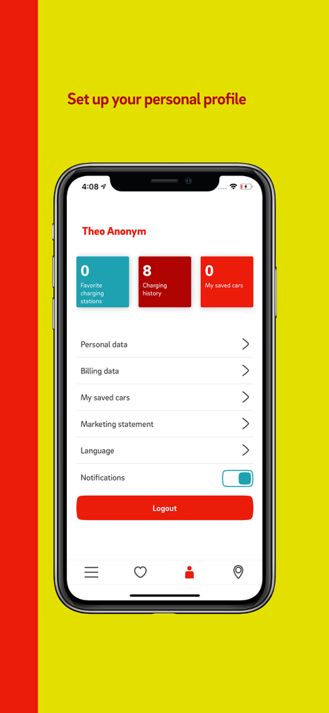 drivE.ON - Hungary - User profile screen of the drivE.ON app showing charging history and personal account settings