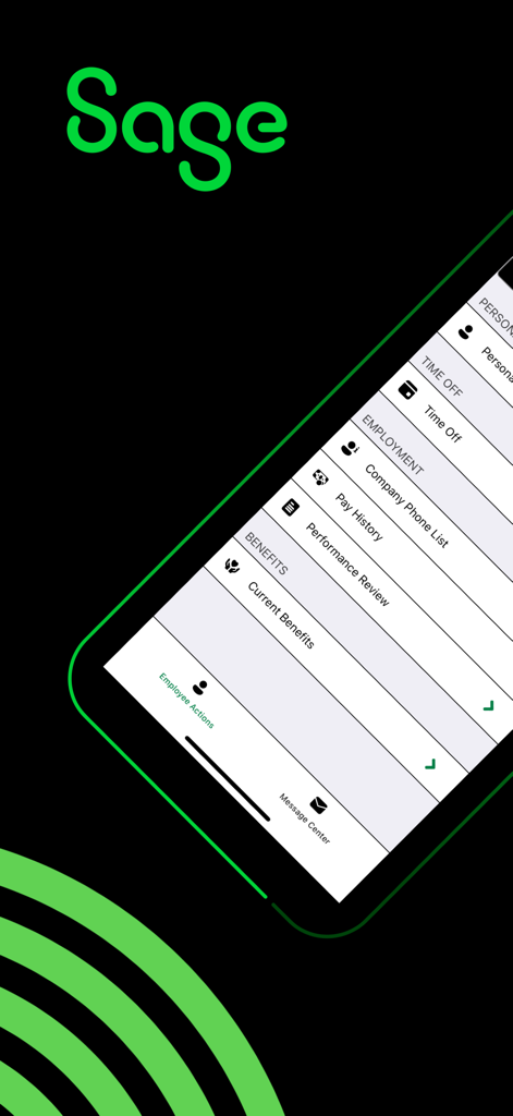 Sage HRMS - Sage HRMS mobile app menu screen displaying options for time off pay history and current benefits