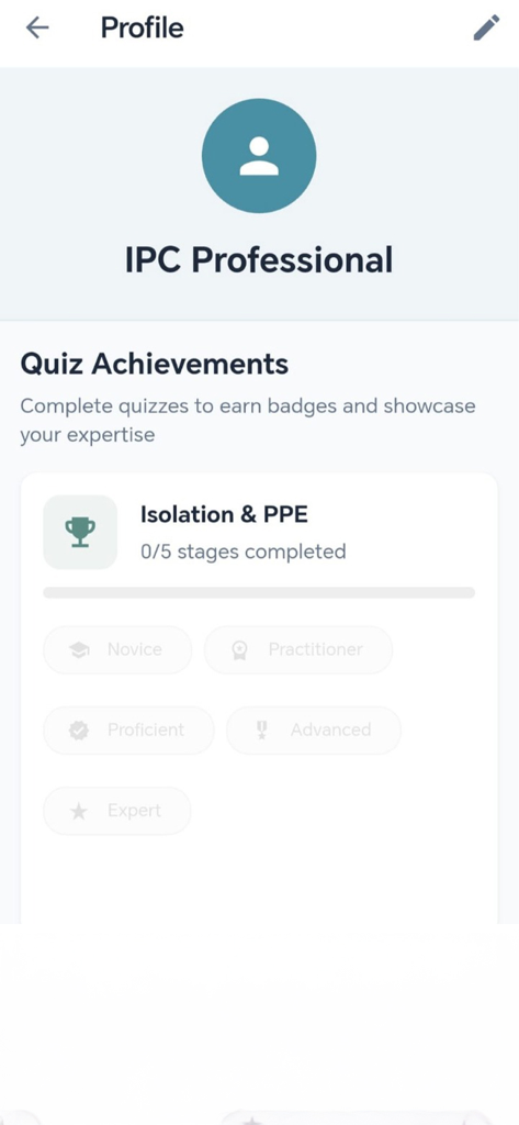 Tela de perfil do aplicativo IPC Guider mostrando conquistas em quizzes e níveis de treinamento profissional