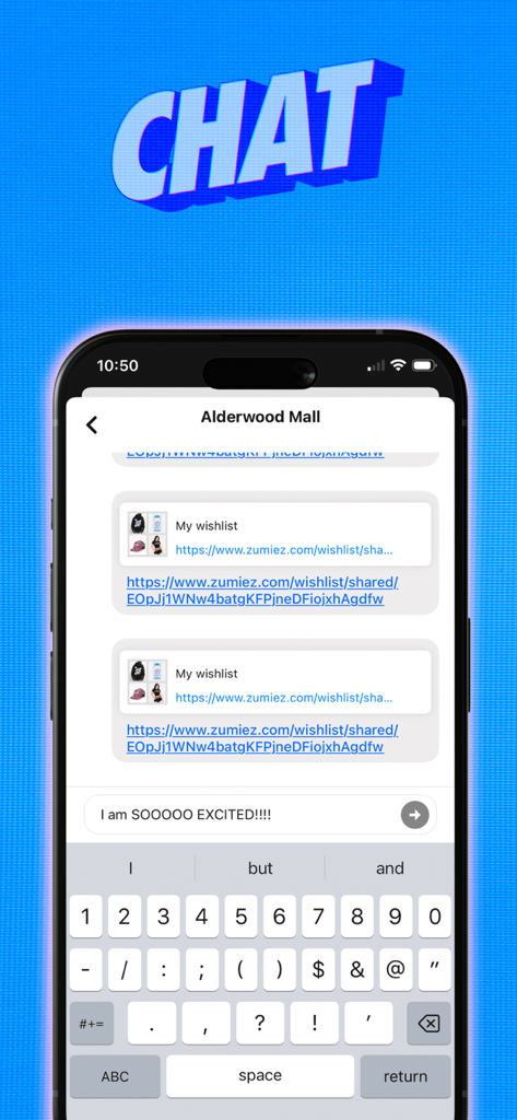 Zumiez - Zumiez app chat interface showing a conversation with a local mall store and shared wishlist items
