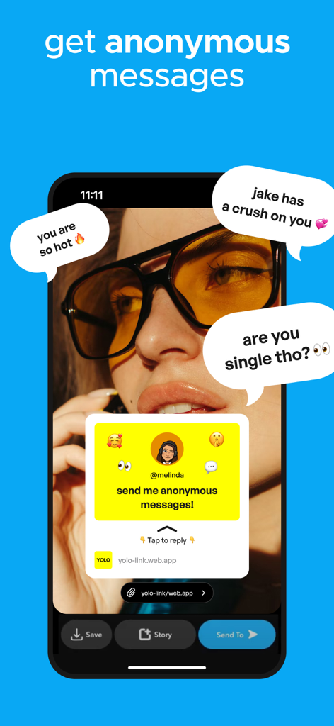 YOLO: Anonymous Q+A - YOLO app screen showing an anonymous message prompt and incoming responses ready to be shared on a social media story
