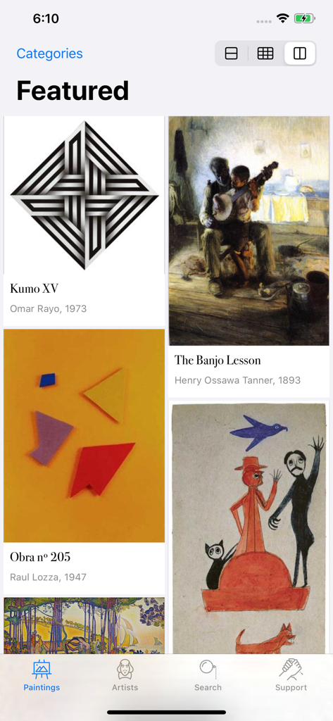 WikiArt - Uno screenshot mobile della galleria in evidenza dell'app WikiArt che mostra una varietà di dipinti di diverse epoche e stili.