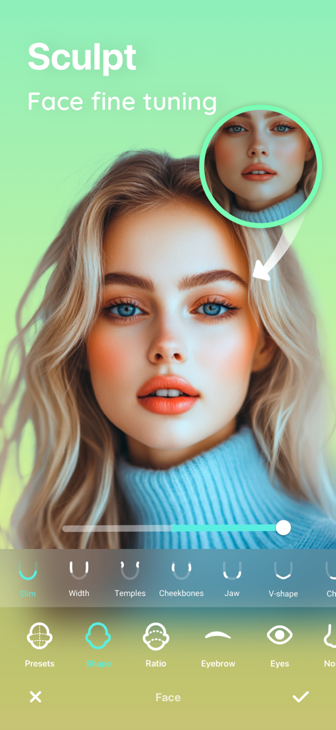 Interface of the Peachy app showing face fine-tuning and sculpting tools applied to a woman's portrait.