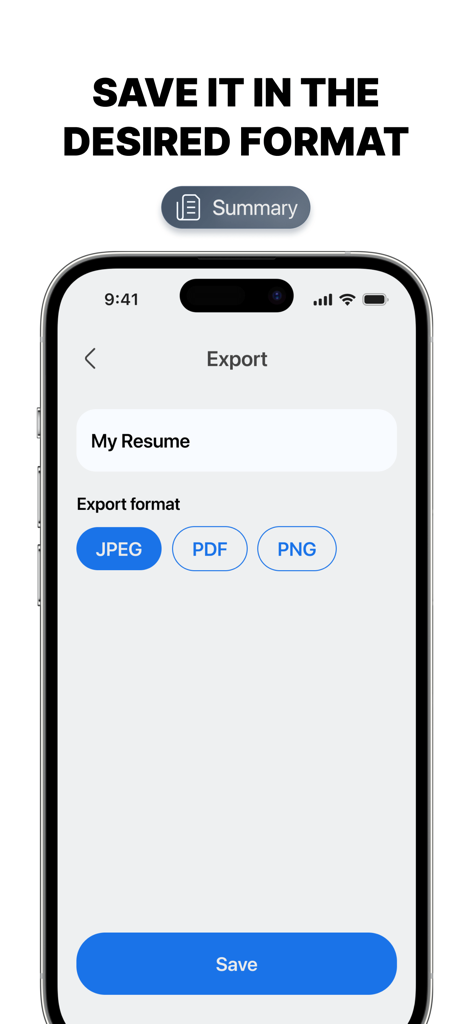 Resume Builder, CV Job App - Pantalla de la aplicación creadora de currículums que muestra las opciones de exportación para formatos PDF, JPEG y PNG