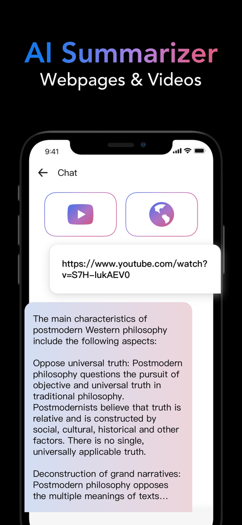 G.AI - AI ChatBot Assistant - Écran de l'application G.AI montrant la fonction de résumé vidéo IA pour un lien YouTube.