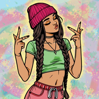 realistic teenage girl with braids and a beanie and crop top doing 🫶🏼