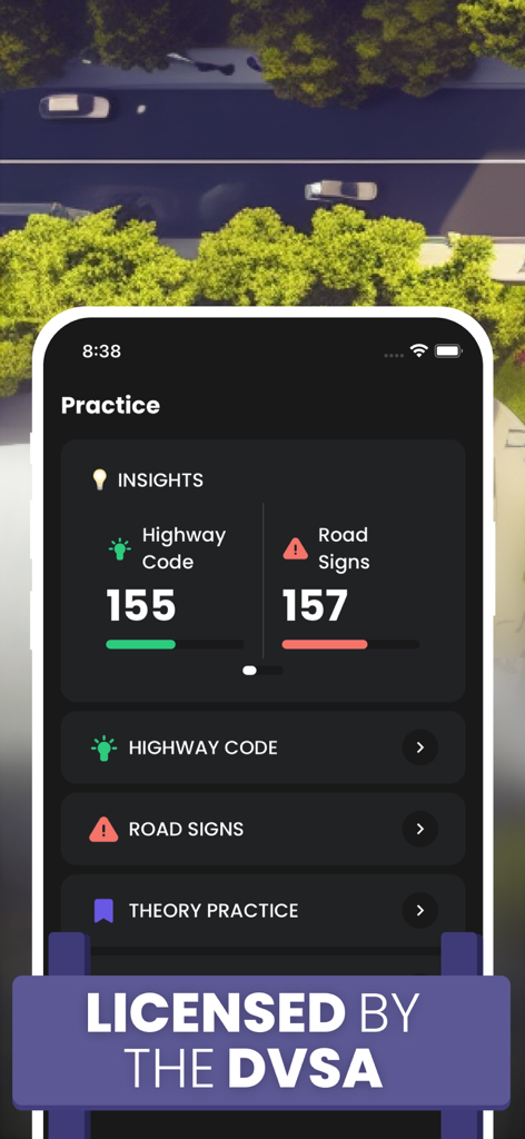 Learn UK Driving Theory Test - Interface of the Learn UK Driving Theory Test app showing practice progress and insights for the Highway Code and road signs.