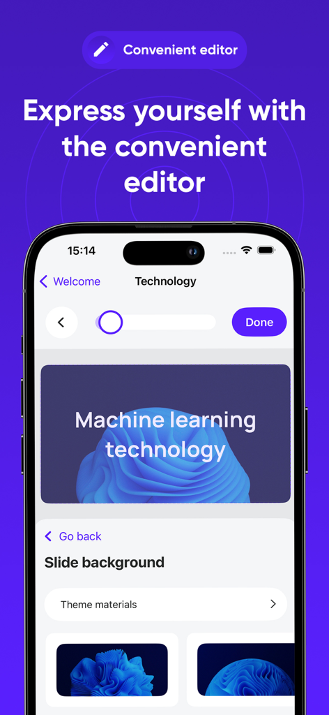 Slidey: Ai Presentation Slides - 機械学習に関するスライドを特集したSlidey AIプレゼンテーションエディターのモバイルインターフェース