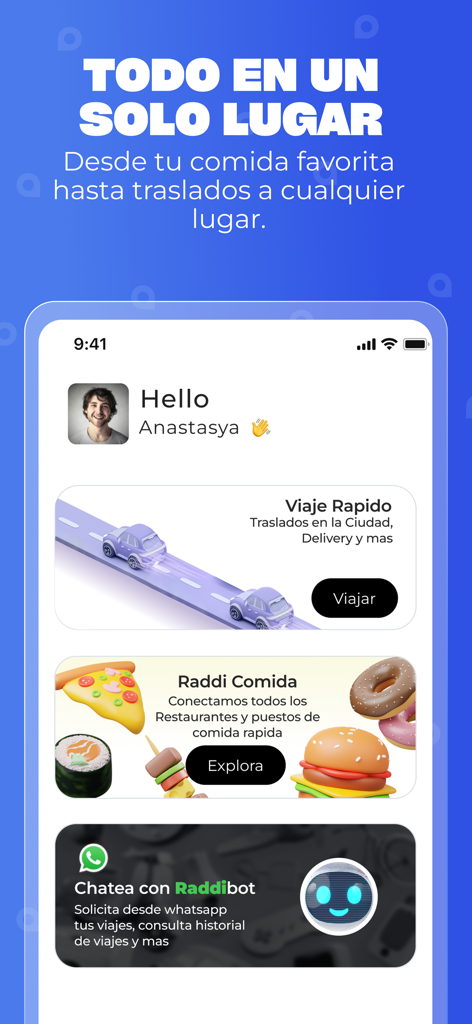 Main interface of the Raddi app showing ride hailing and food delivery options in Spanish