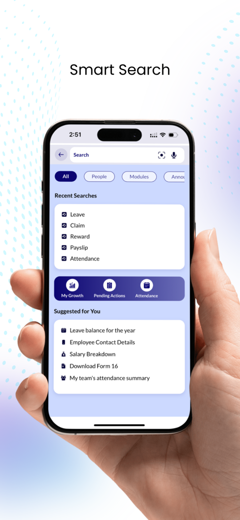 ZingHR - A hand holding a smartphone displaying the ZingHR app smart search screen with recent searches and suggested HR actions