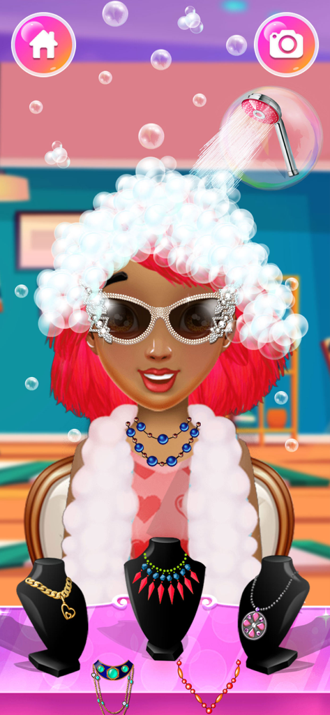 A character getting their hair washed with soap bubbles in a hair spa salon game