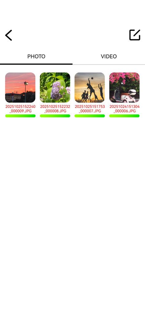 Sports-DV app media gallery screen displaying thumbnails of photos captured with an action camera including a sunset volleyball game and nature shots.