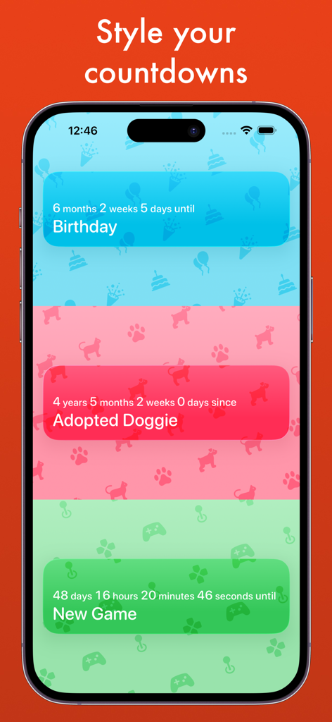 Neat Countdowns - Tres widgets de cuenta regresiva estéticos con diferentes colores y patrones para un cumpleaños, la adopción de una mascota y el lanzamiento de un juego.