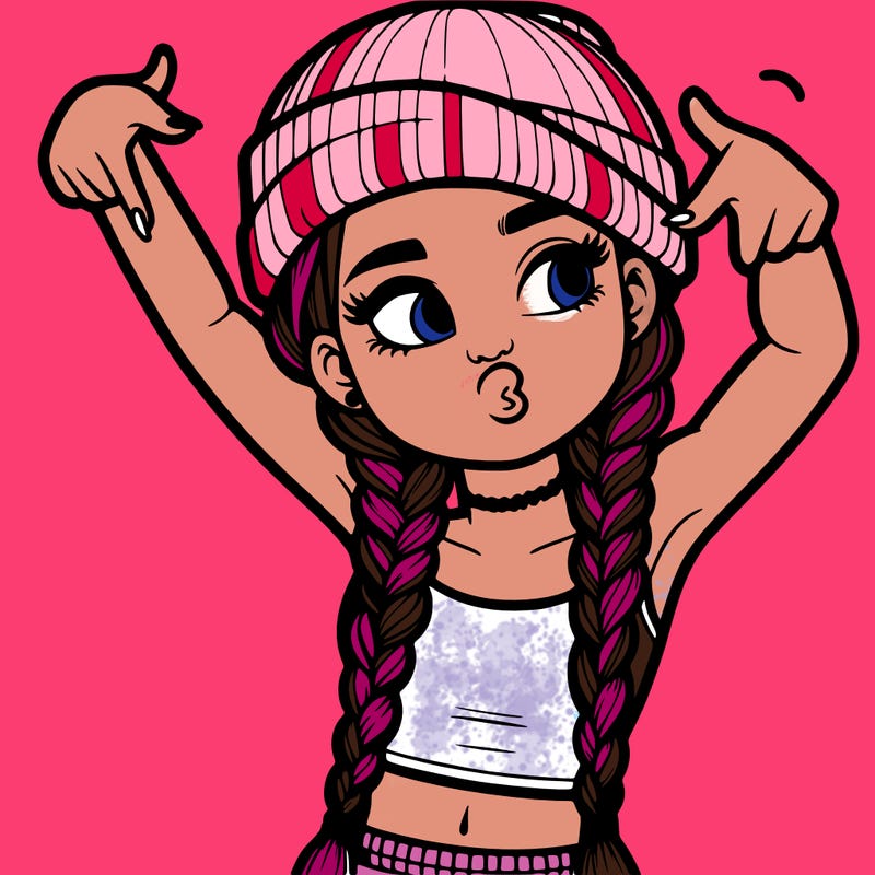 realistic teenage girl with braids and a beanie and crop top doing 🫶🏼