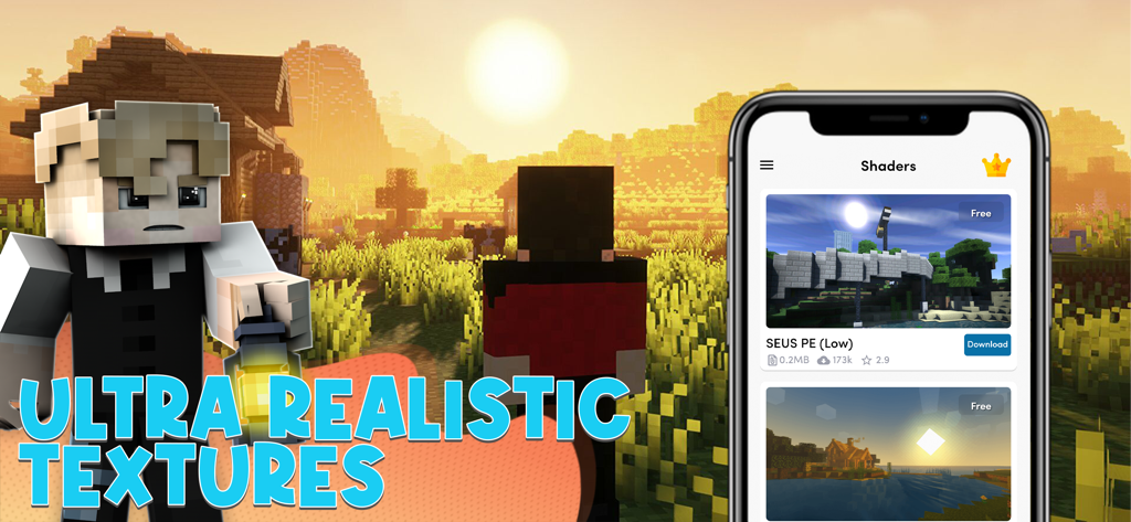 Ultra realistic Minecraft textures and shader mods app interface featuring a sunset gameplay scene