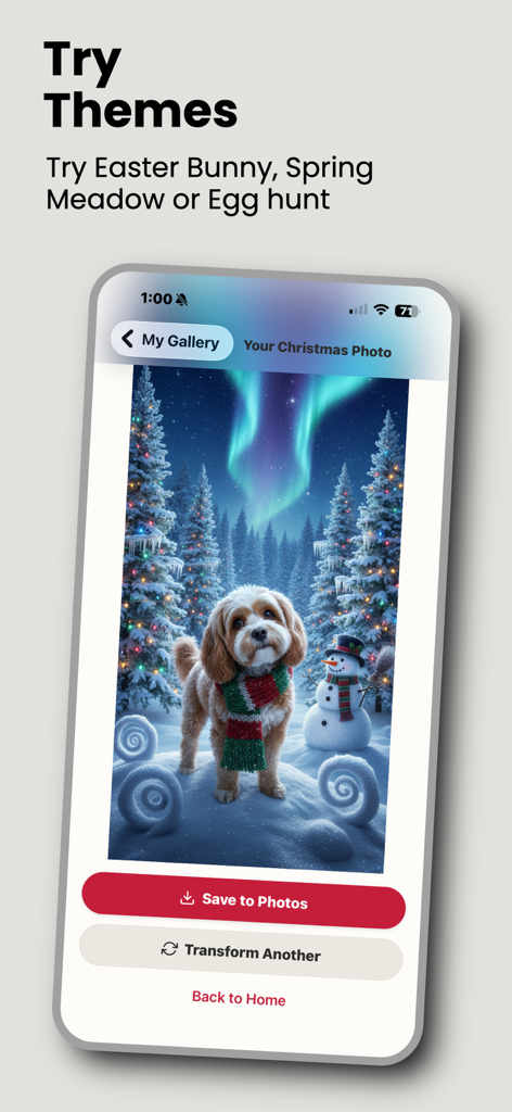 Easter Paws AI - Ein Screenshot einer mobilen App, der ein Hundefoto zeigt, das in eine Winterwunderland-Szene mit einem Schneemann und einer Aurora Borealis verwandelt wurde.