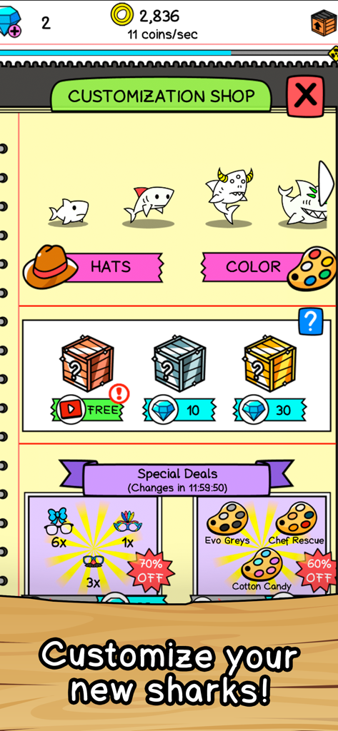 Shark Evolution - Clicker Game - Shark Evolution game customization shop screen showing shark designs and accessories