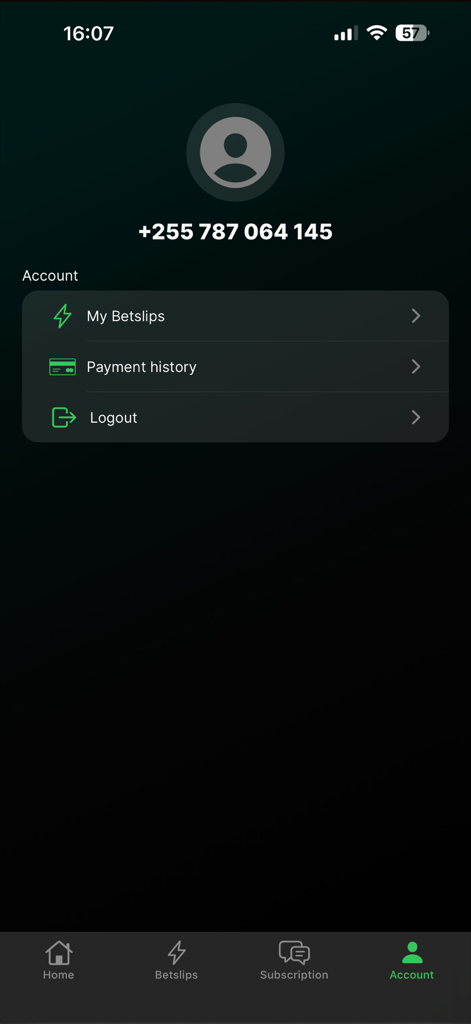 Keka App - User account profile screen in Keka App showing menu options for My Betslips and Payment history.