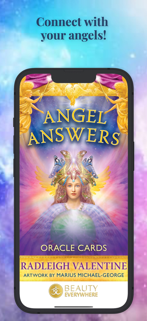 Home screen of the Angel Answers Oracle Cards app featuring angelic spiritual artwork