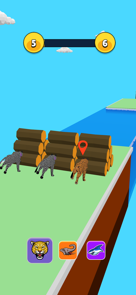 Animal Race 3D -Epic Challenge - 画面下部に動物の変身アイコンが表示された、丸太の障害物に向かってレースする3匹のヒョウ