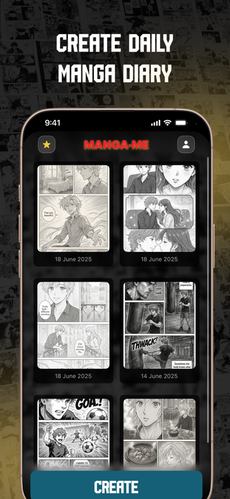 Turn Life into Manga: MangaMe - Screenshot of the MangaMe app displaying the Daily Manga Diary feature with various AI-generated comic panels in different art styles.