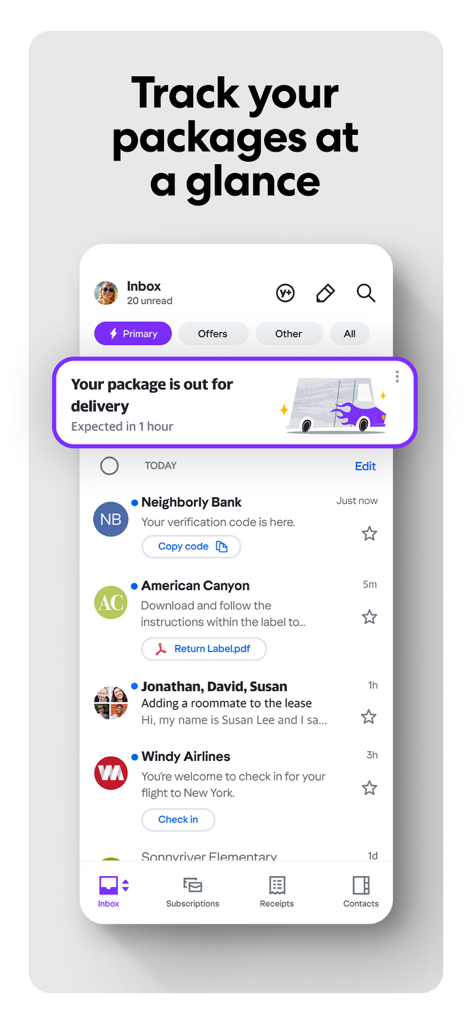 Yahoo Mail app interface showing a package delivery tracking banner and organized inbox