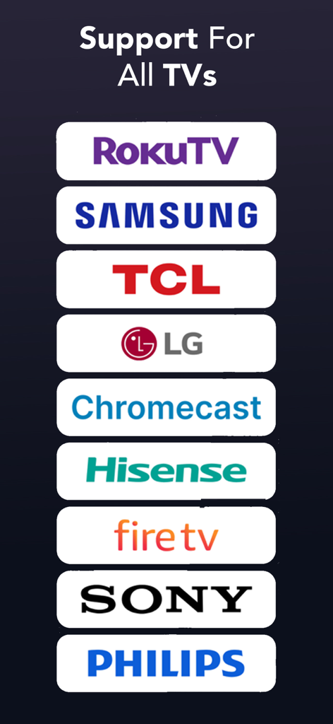 TV Remote: Universal Control S - List of compatible smart TV brands for the universal remote app including Roku Samsung and LG