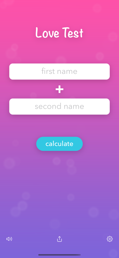 Interface of My Love Test app showing name input fields and a calculate button on a pink and purple background