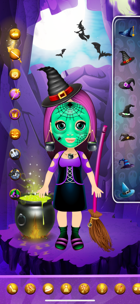 Halloween Face Paint Salon - 泡立つ大釜の隣で、緑のクモの巣のフェイスペイントをして魔女の衣装を着たキャラクター