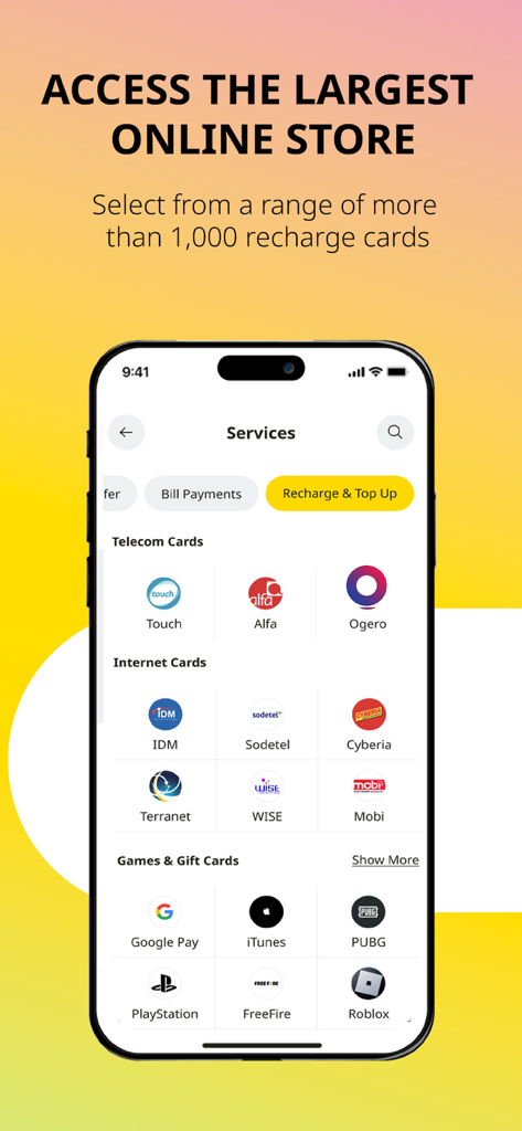 OMT Pay - OMT Pay mobile app interface showing a variety of recharge cards for telecom internet and gaming services