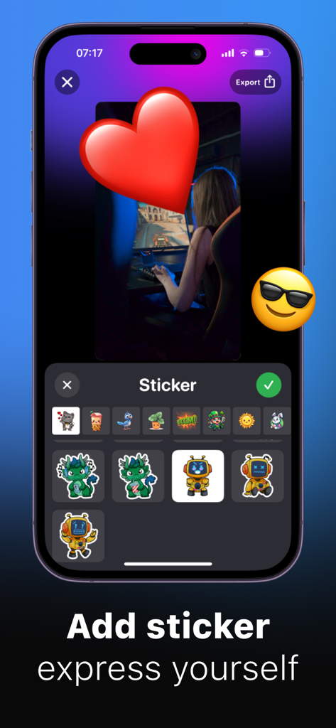ClipClap: Video Clips Editor - ClipClap 앱 인터페이스, 동영상 편집을 위한 스티커 선택 도구 표시