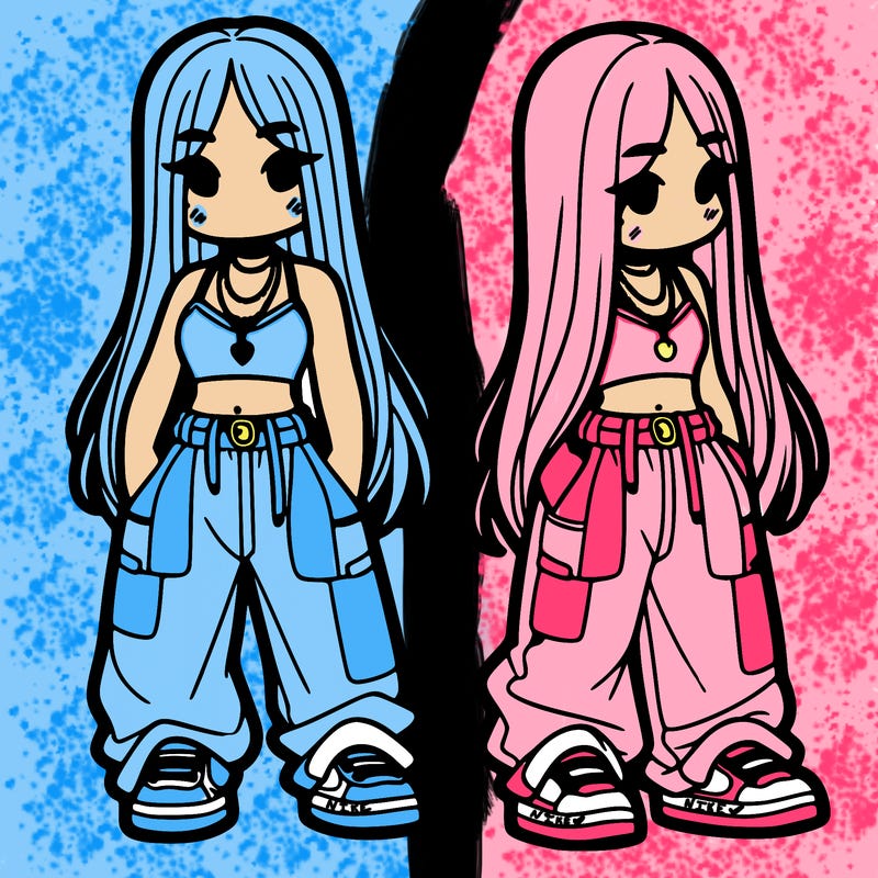 girl in baggy pants crop top and long hair