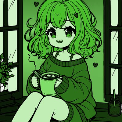 cute anime girl reading book and drinking hot chocolate from mug with loose wavy hair wearing a baggy sweatshirt and shorts sitting by windowsill looking out