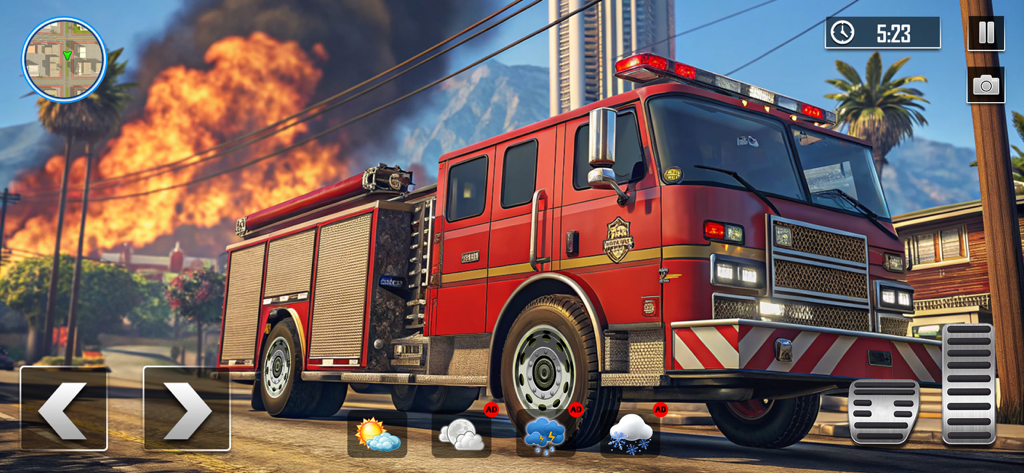 Rescue Run Offroad Snow Heroes - Un camión de bomberos rojo frente al incendio de un gran edificio en el juego simulador Rescue Run Offroad Snow Heroes.