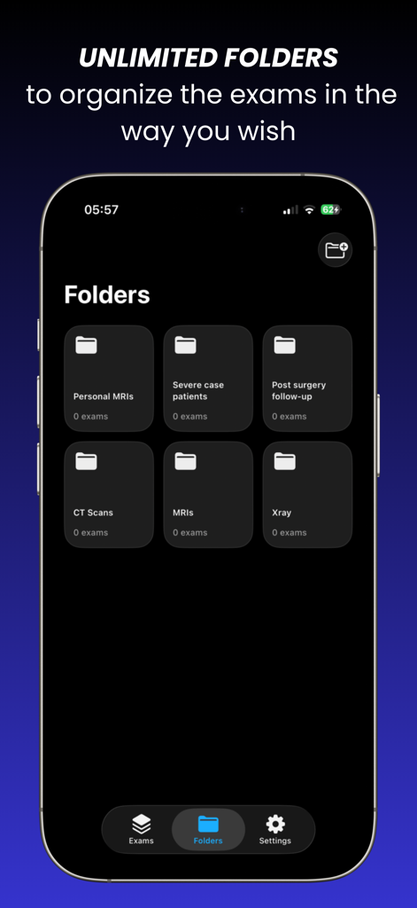 Interfaz de la aplicación Visor Dicom mostrando múltiples carpetas personalizadas para organizar exámenes médicos, incluyendo resonancias magnéticas y tomografías computarizadas.