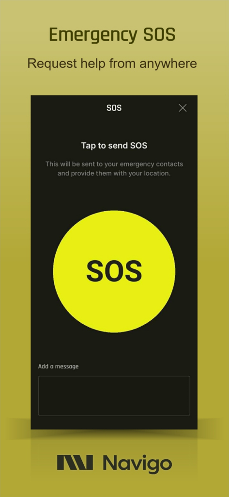Uma captura de tela do aplicativo Navigo Assistant mostrando a interface de SOS de Emergência com um grande botão amarelo para solicitar ajuda.