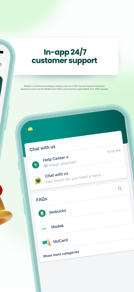 Modak app interface showing in-app 24/7 customer support and help center features