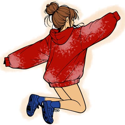 realistic girl jumping with a bun and oversized sweatshirt