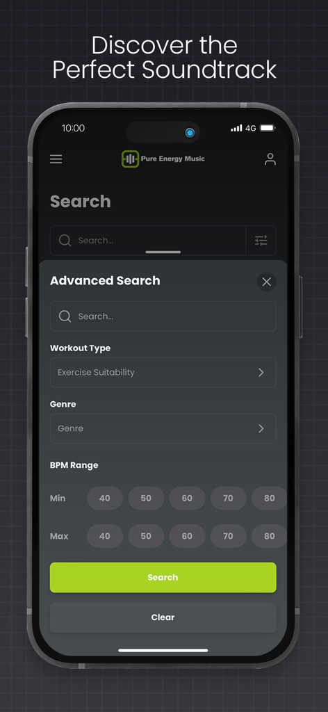 Pure Energy Music - Pure Energy Musicアプリの上級検索画面。ワークアウトタイプ、ジャンル、BPM範囲のフィルターを備えています