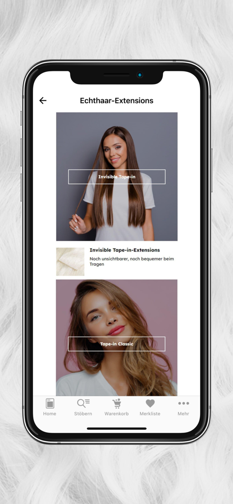 Aplicación móvil Global Extend mostrando extensiones de cabello invisibles y clásicas de cinta
