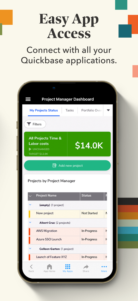 Quickbase - Quickbase mobile app project manager dashboard showing labor costs and project statuses