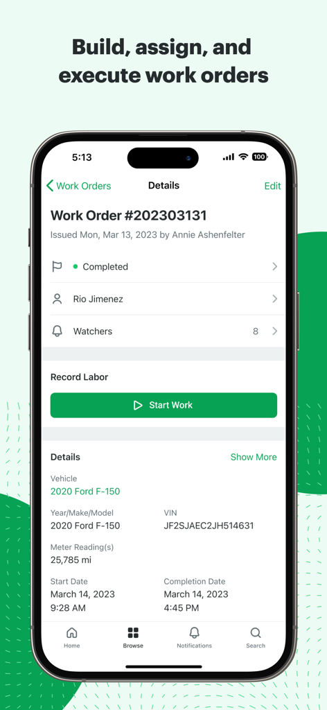 Mobile app interface of Fleetio Go showing details for a completed vehicle maintenance work order.