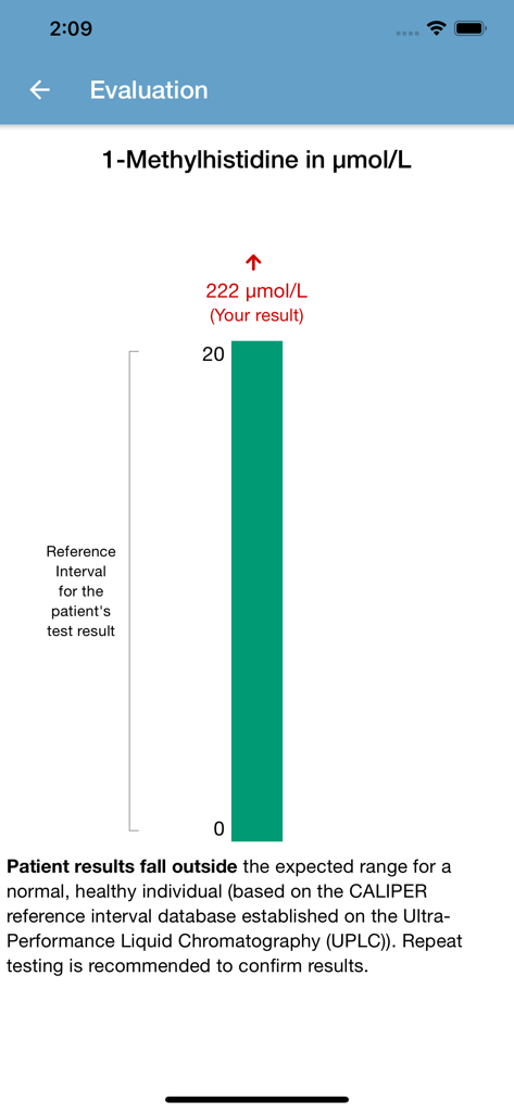 CALIPER App - Captura de pantalla de la pantalla de evaluación de la app CALIPER que muestra el resultado de una prueba de 1-Metilhistidina que está fuera del rango de referencia normal.