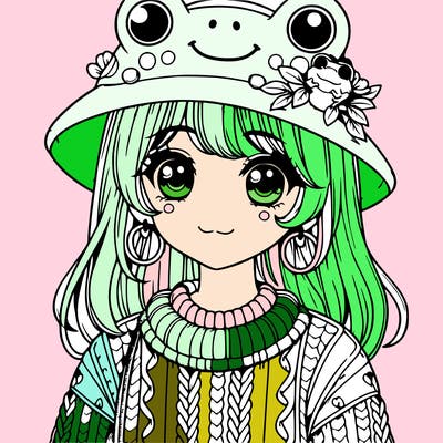 realistic girl wearing frog sweater and a frog hat with frog earrings