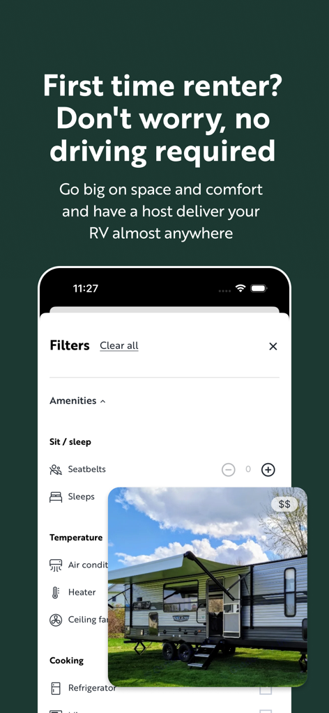 Outdoorsy - Rent an RV - Outdoorsy app interface showcasing the RV delivery option and search filters for amenities