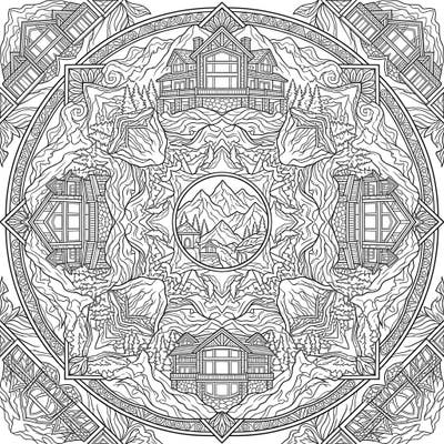 Immerse yourself in the grandeur of mountain mansions brought to life within an exquisite mandala design. This intricate coloring page offers a captivating blend of architectural beauty and natural splendor, inviting you to add your unique artistic touch.