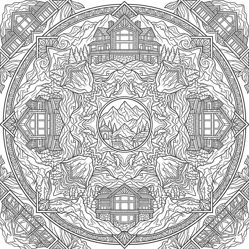 Immerse yourself in the grandeur of mountain mansions brought to life within an exquisite mandala design. This intricate coloring page offers a captivating blend of architectural beauty and natural splendor, inviting you to add your unique artistic touch.