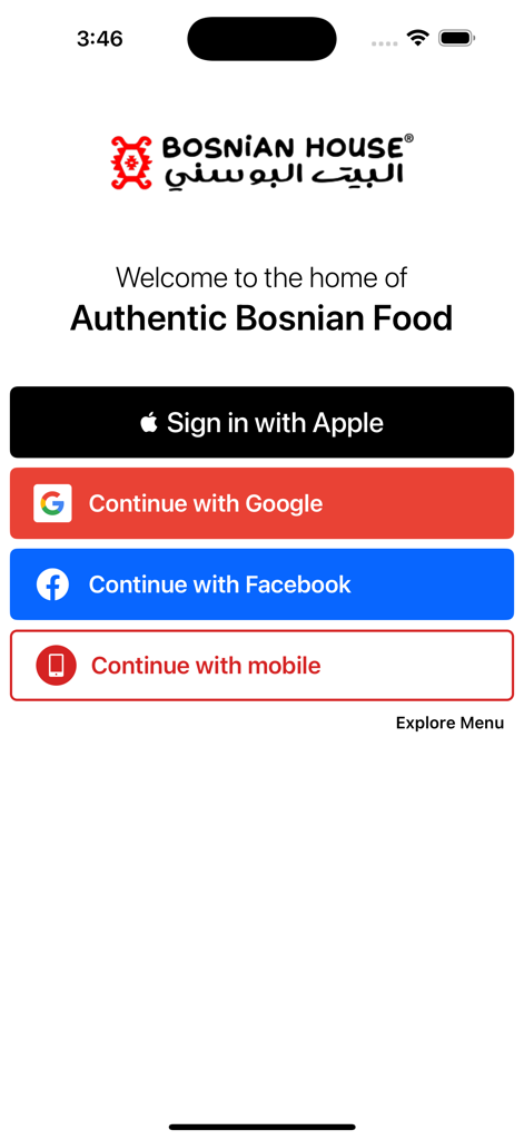 Bosnian House - Login screen of the Bosnian House app featuring social sign in options and brand logo