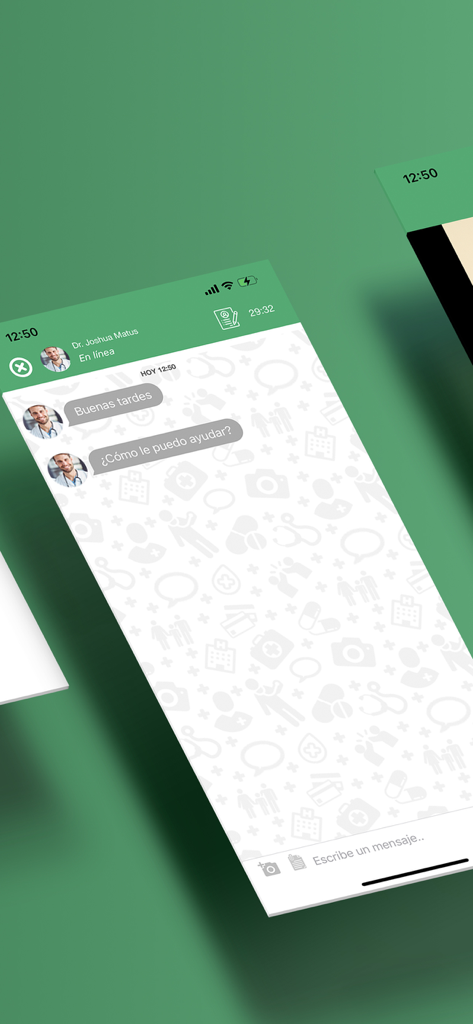 Doctor Online - Captura de tela do aplicativo móvel Doctor Online mostrando uma conversa de chat em espanhol com um médico.